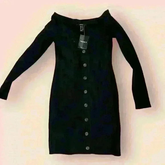 NWT - Black Front Button Stretch Black Long Sleeve Mini Dress - Size Small - Picture 3 of 4